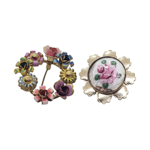 Vintage Enamel Flower Brooch Lot Guilloche Floral Gold Tone Wreath Set of 2 - Picture 1 of 7